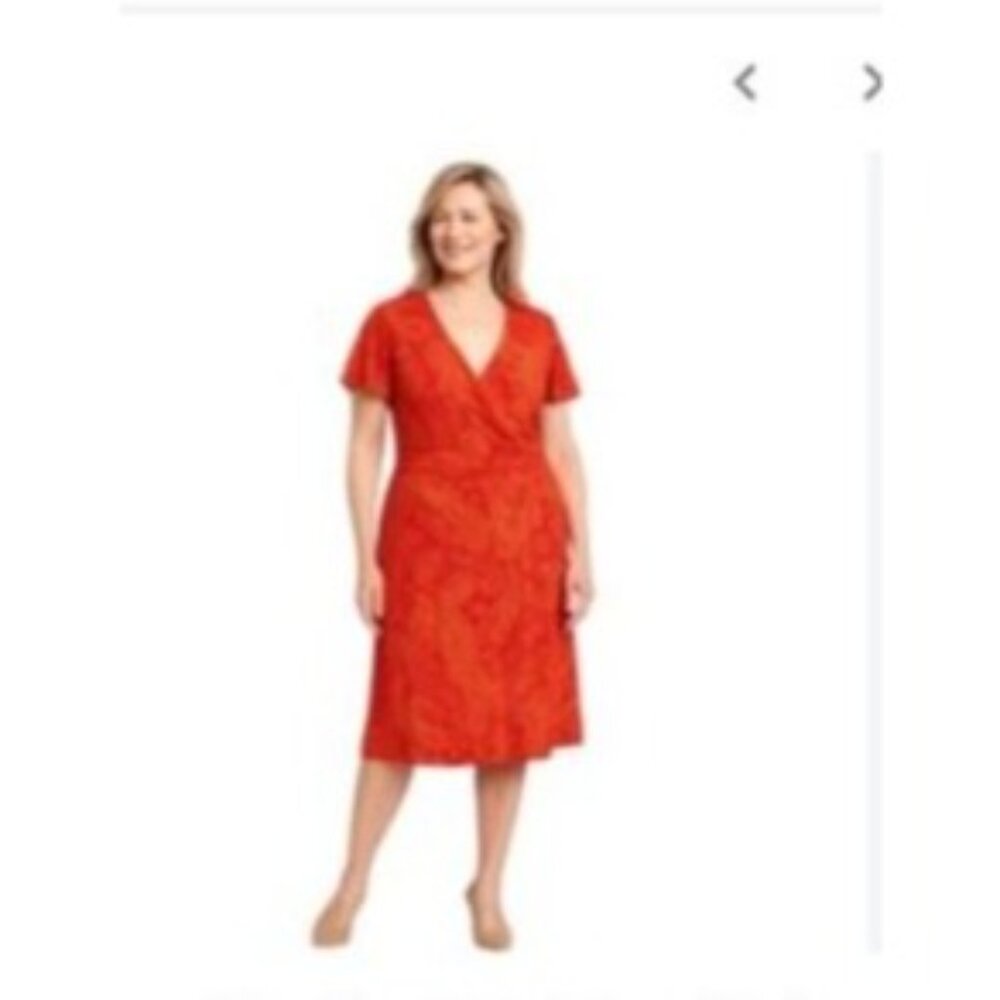 Lands End  Paisley faux Wrap Dress Short Sleeve V-Neck Size XL 14-16 knit orange